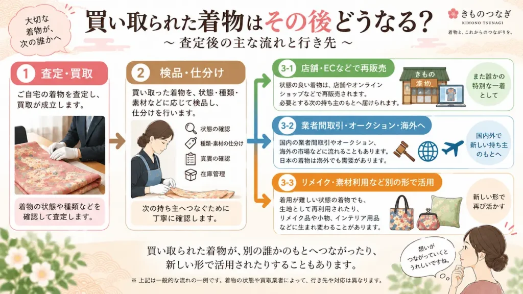 買い取られた着物が検品・仕分け後に再販売や業者間取引、海外流通、素材利用などへ進む流れの一例