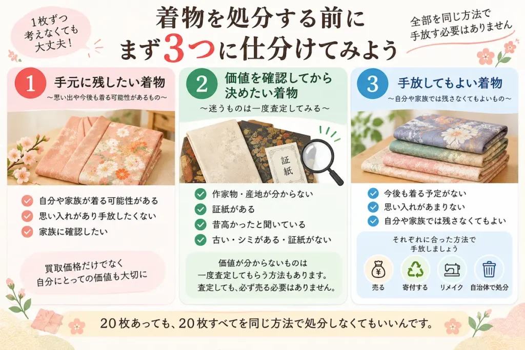 着物を処分する前に手元に残す・価値を確認する・手放すの3つに仕分ける方法