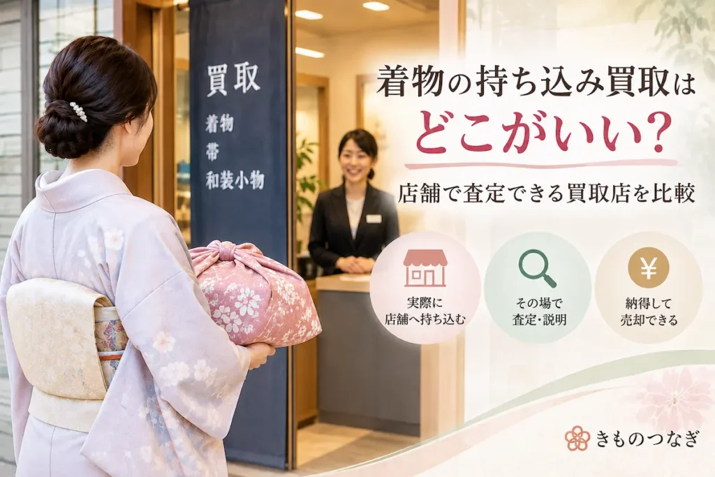 着物を店舗へ持ち込んで査定を受けるイメージ