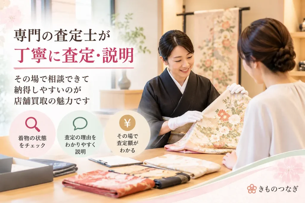 店舗で着物を対面査定してもらい説明を受けるイメージ