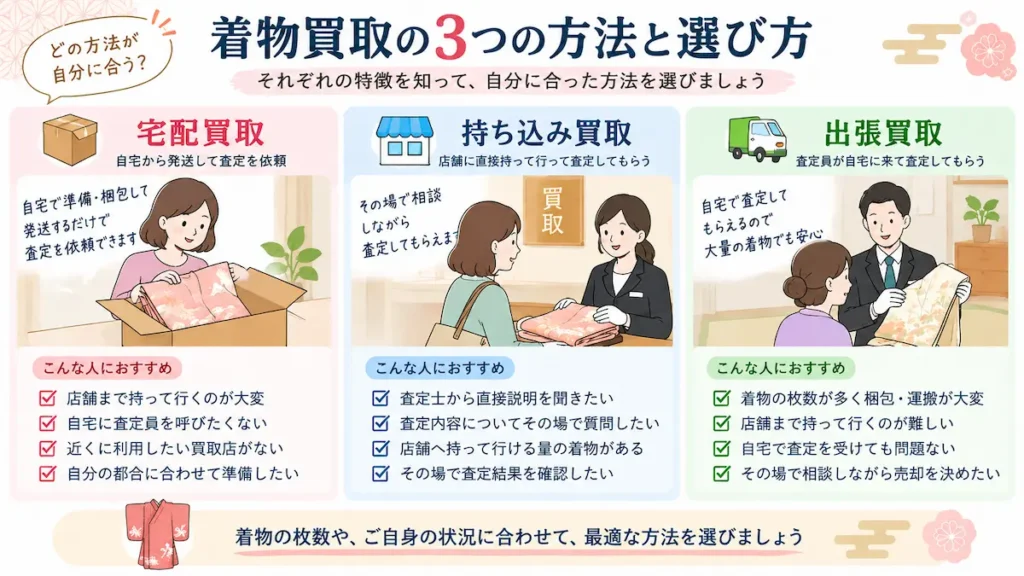 着物の宅配買取・持ち込み買取・出張買取の特徴と向いている人の比較