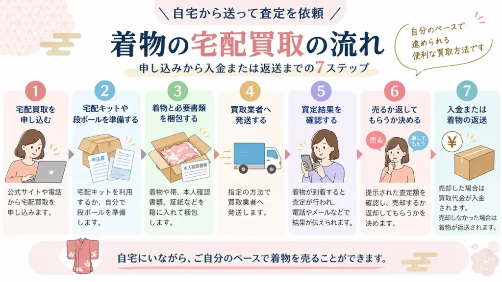 着物の宅配買取を申し込みから査定・入金または返送まで示した7つの流れ