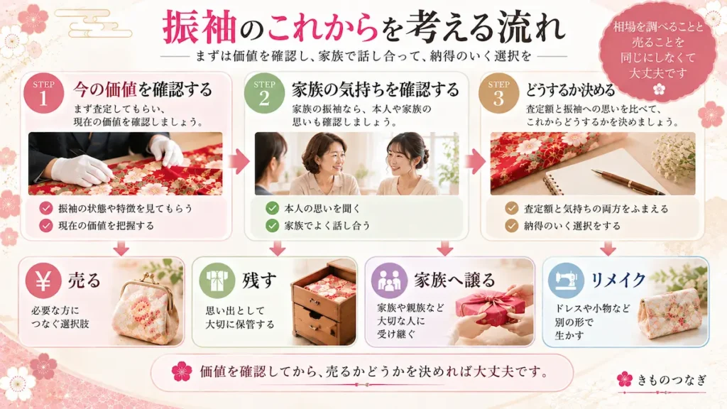 振袖の価値と家族の気持ちを確認して売る・残す・家族へ譲る・リメイクから選ぶ流れ