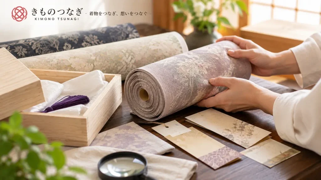 査定前に反物と付属品を確認している様子