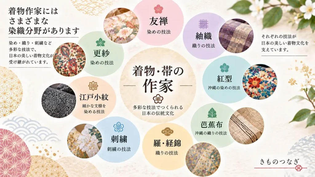 友禅・紬織・紅型・芭蕉布など着物作家の主な染織分野