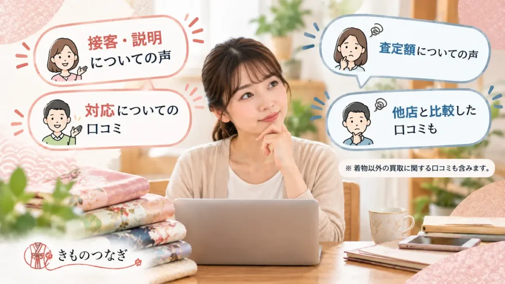 コメ兵の買取に関する接客や査定額などの口コミを調べるイメージ