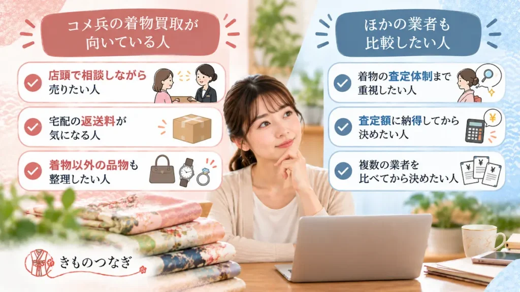 コメ兵の着物買取が向いている人と、ほかの業者も比較したい人の特徴