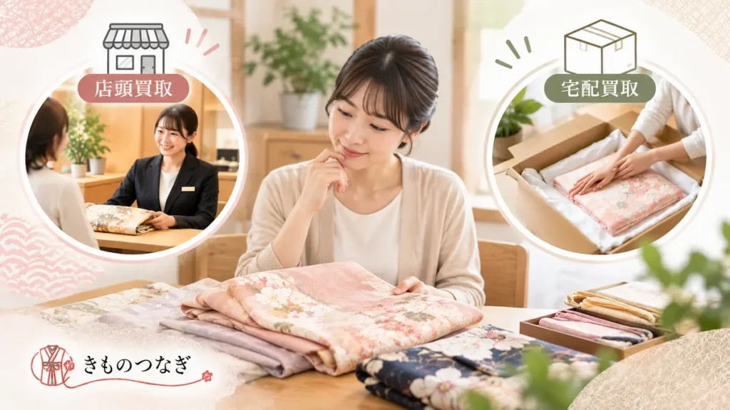 コメ兵の着物買取で店頭買取と宅配買取を検討するイメージ