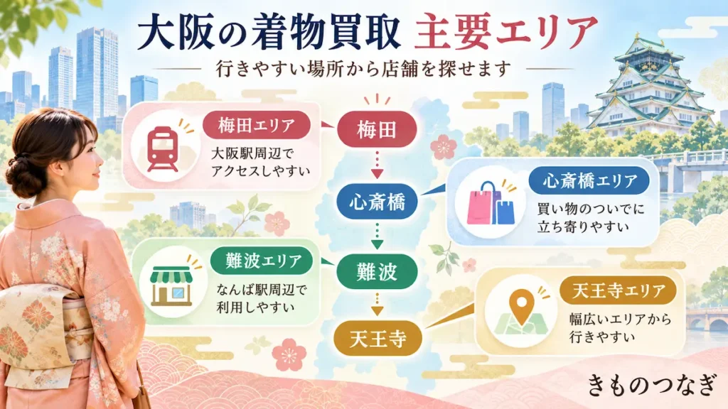大阪の着物買取で探しやすい梅田・心斎橋・難波・天王寺の主要エリア
