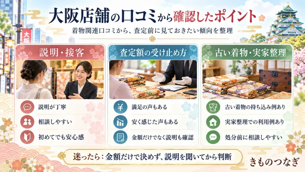 大阪の着物買取店舗の口コミから確認した説明・査定額・古い着物のポイント
