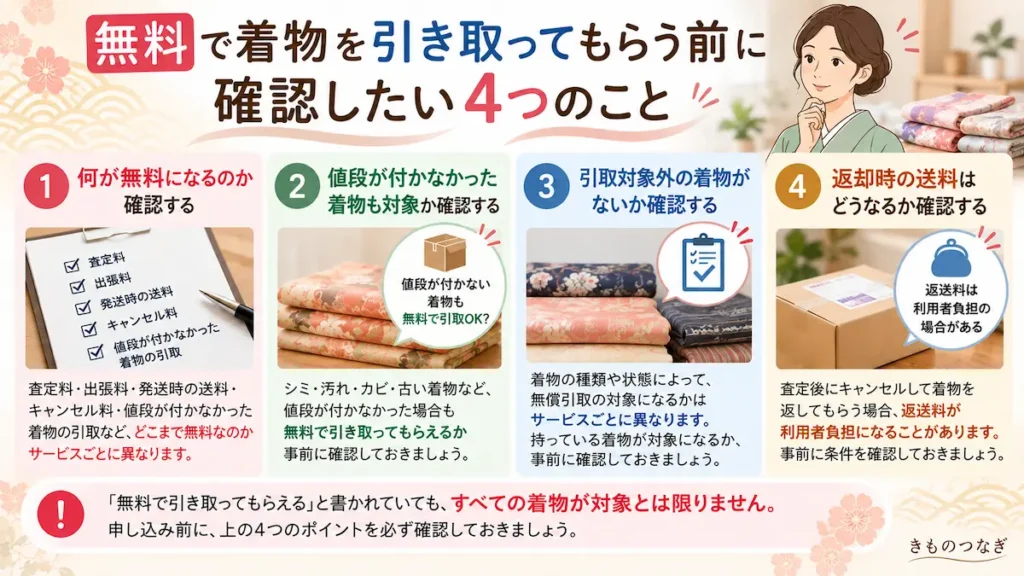 無料で着物を引き取ってもらう前に確認したい4つのポイント