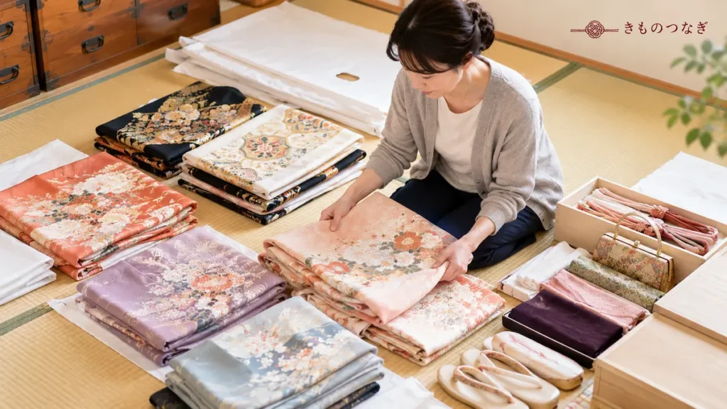 遺品の着物や帯、和装小物を整理する様子