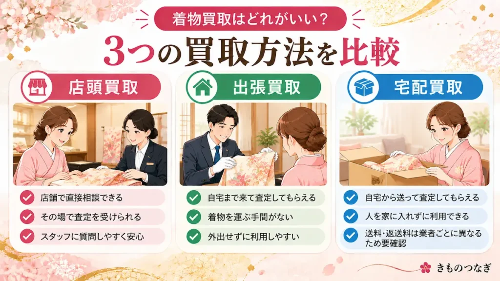 着物の店頭買取・出張買取・宅配買取の違いを比較