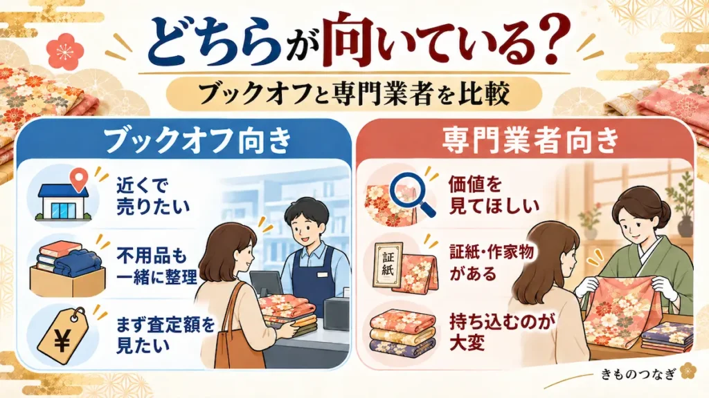 ブックオフと着物買取専門業者、それぞれが向いている人を比較した図