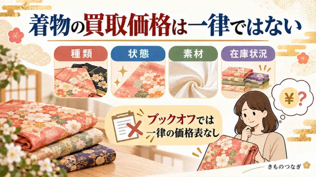 着物の買取価格に関係する種類・状態・素材・店舗の在庫状況をまとめた図