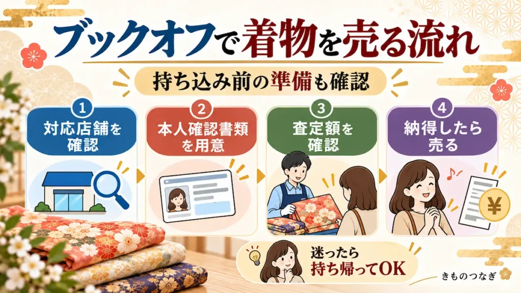 ブックオフで着物を売る際の対応店舗の確認から本人確認書類の準備、査定、売却までの流れ