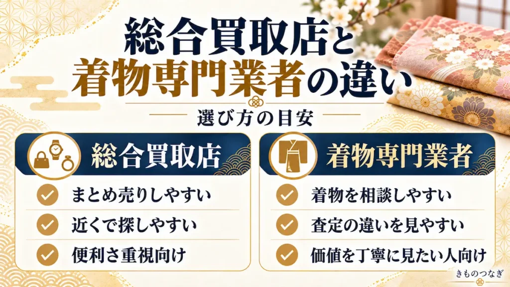総合買取店と着物専門業者の違いを比較した図。まとめ売りの便利さと着物の査定を重視した選び方
