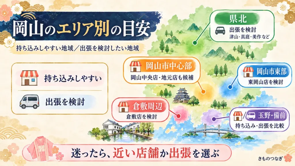 岡山県内の地域別に着物の持ち込み先と出張買取の選び方を示した案内図