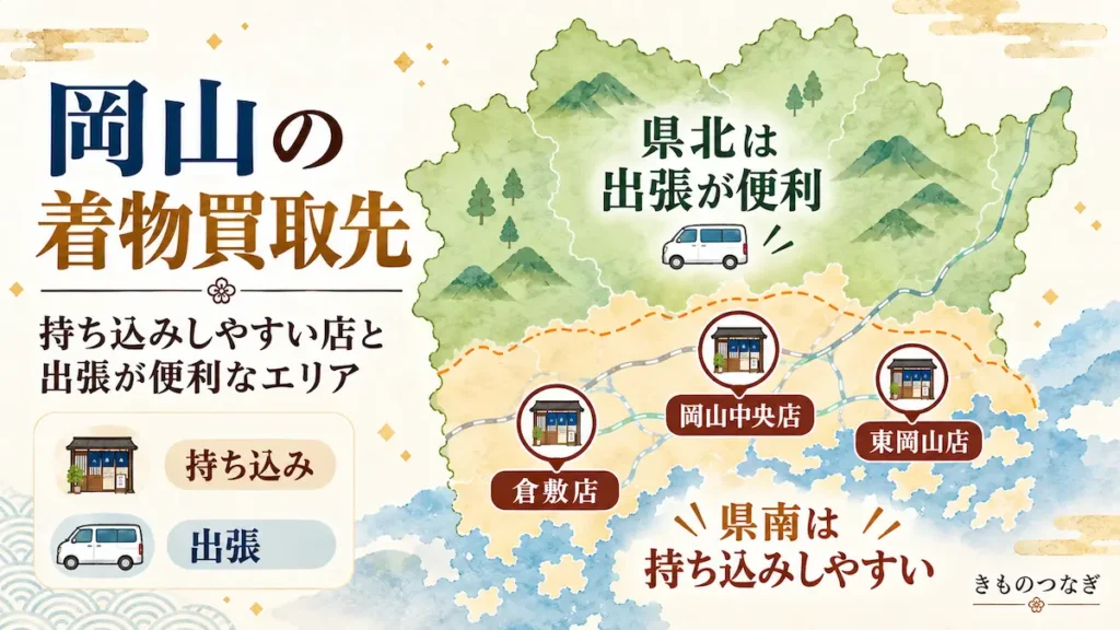 岡山県の着物買取で県南の持ち込み店舗と県北の出張買取を比較した案内図