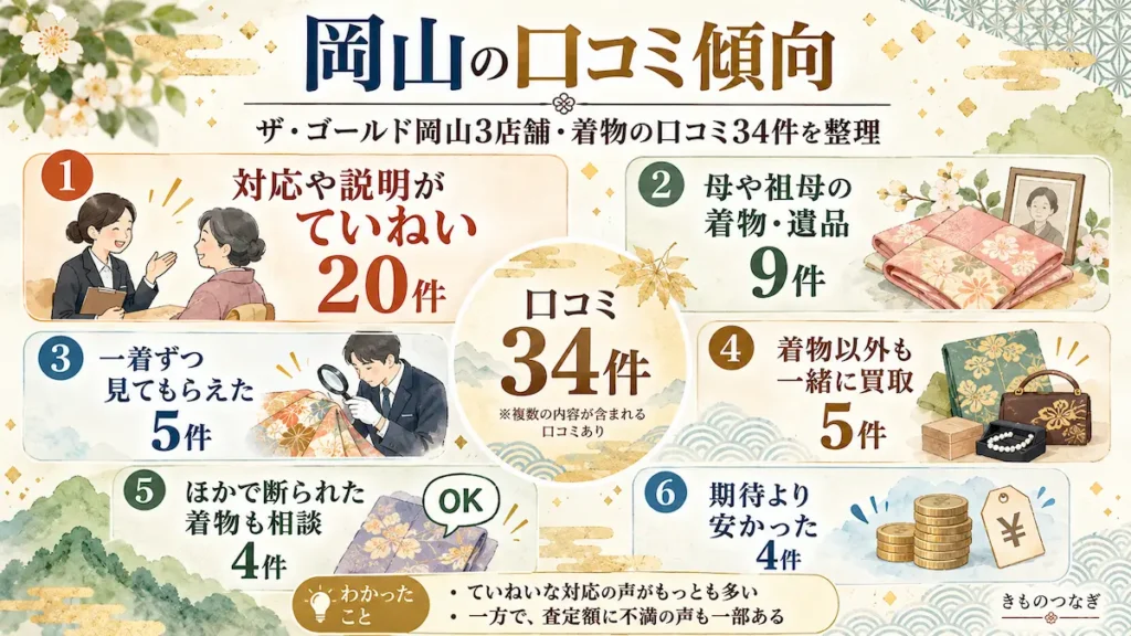 ザ・ゴールド岡山県内3店舗の着物買取口コミ34件を内容別に集計した図