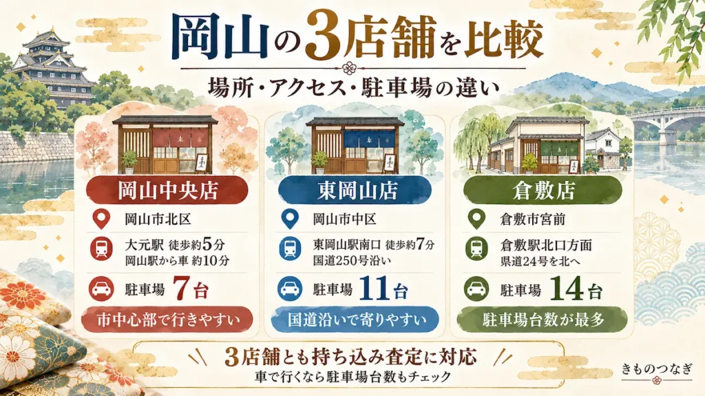 ザ・ゴールド岡山中央店・東岡山店・倉敷店のアクセスと駐車場台数を比較した図