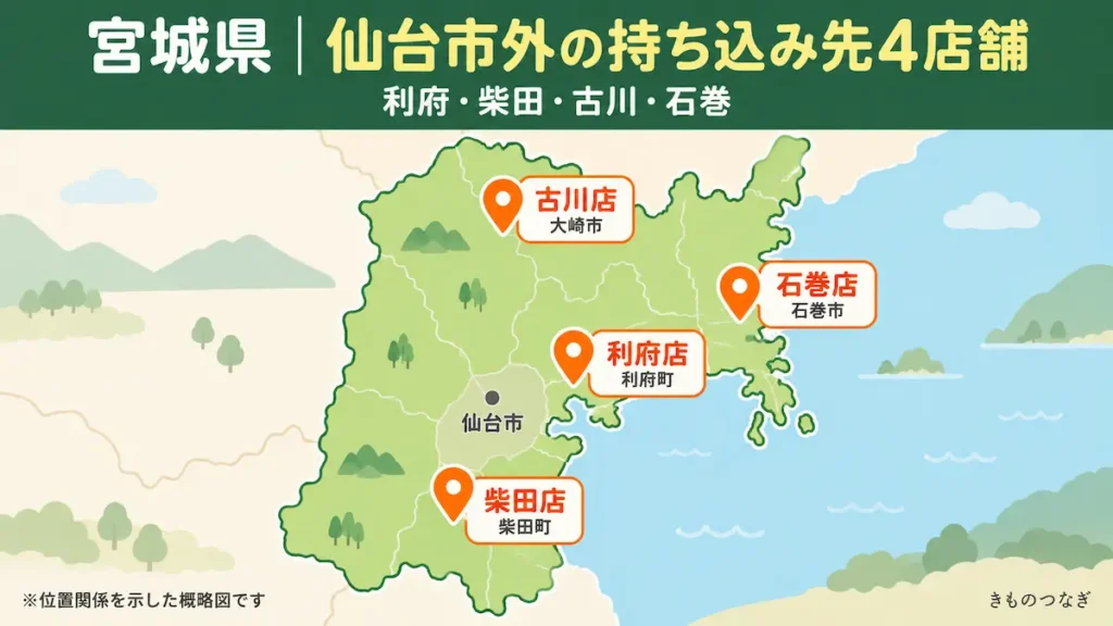 宮城県内のザ・ゴールド利府店・柴田店・古川店・石巻店の位置関係を示した概略図