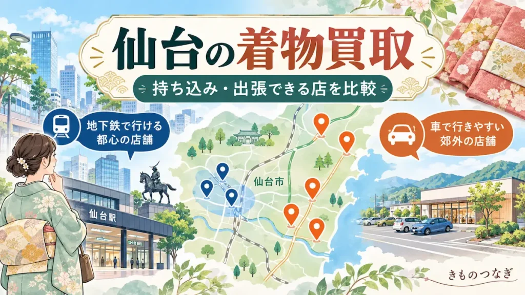 仙台の着物買取で地下鉄沿いの店舗と車で行きやすい店舗を比較するイラスト