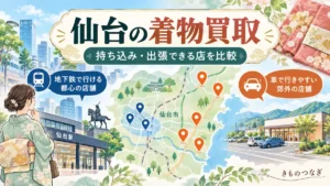 仙台の着物買取で地下鉄沿いの店舗と車で行きやすい店舗を比較するイラスト