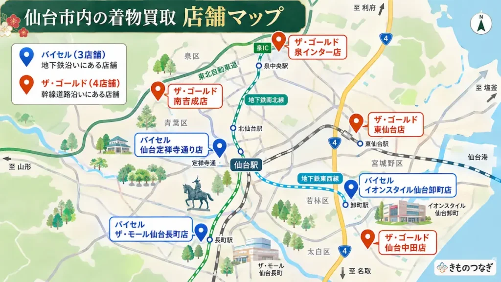 仙台市内のバイセル3店舗とザ・ゴールド4店舗の位置関係を色分けした概略マップ