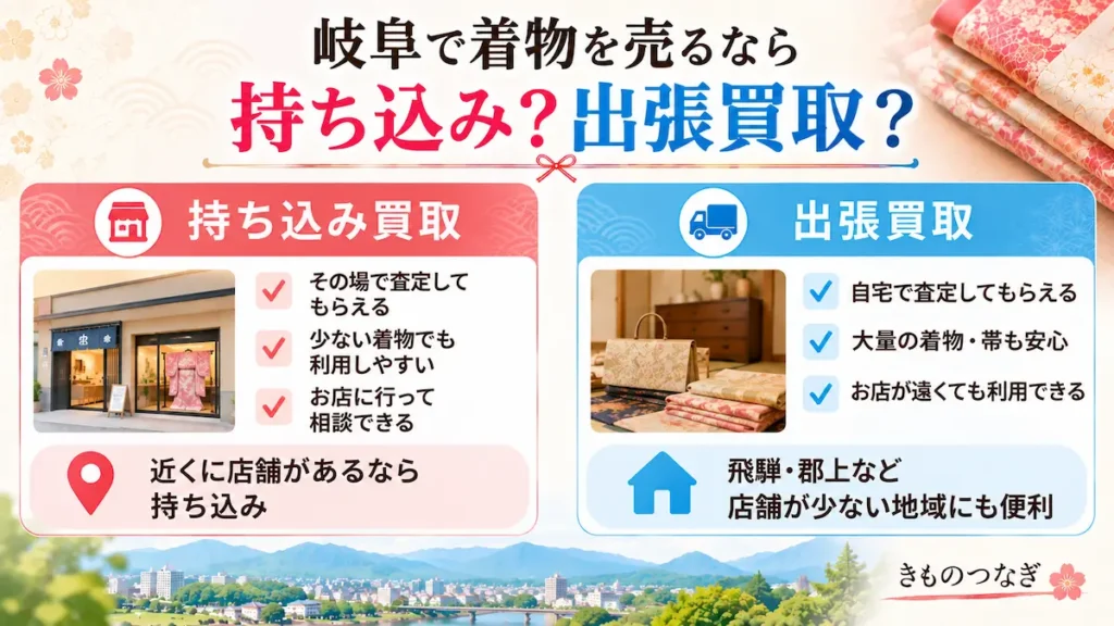 岐阜で着物を売るときの持ち込み買取と出張買取の選び方を比較した図
