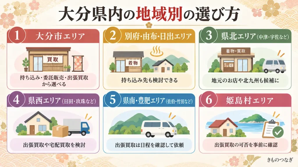 大分市・別府周辺・県北・県西・県南豊肥・姫島村の地域別の着物買取の選び方