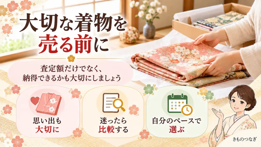 大切な着物を売る前に、思い出や査定額への納得感、自分のペースで選ぶことを伝える画像