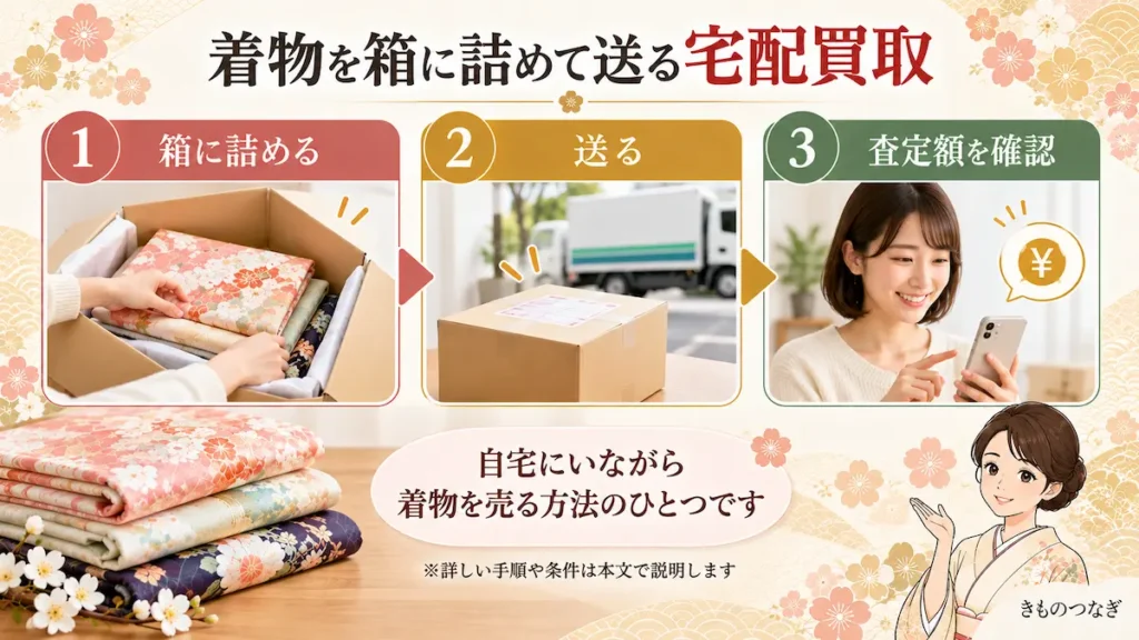 着物を箱に詰めて送り、宅配買取の査定額を確認する3つの流れ