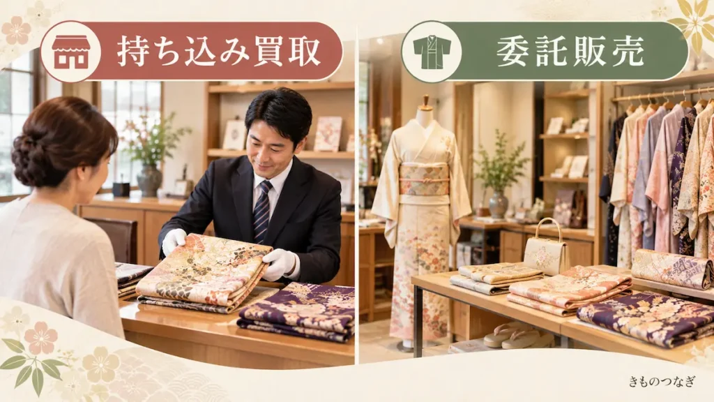 着物の持ち込み買取で査定する場面と、委託販売で着物を店頭に並べる様子