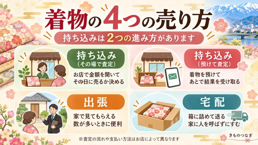 着物買取の4つの売り方を比較した図。持ち込みのその場査定・預かり査定、出張買取、宅配買取の違い