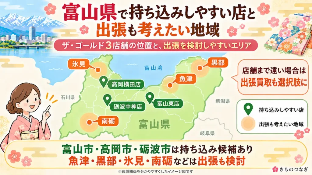 富山県のザ・ゴールド3店舗の位置と、氷見・魚津・黒部・南砺など出張買取も検討したい地域を示した案内図