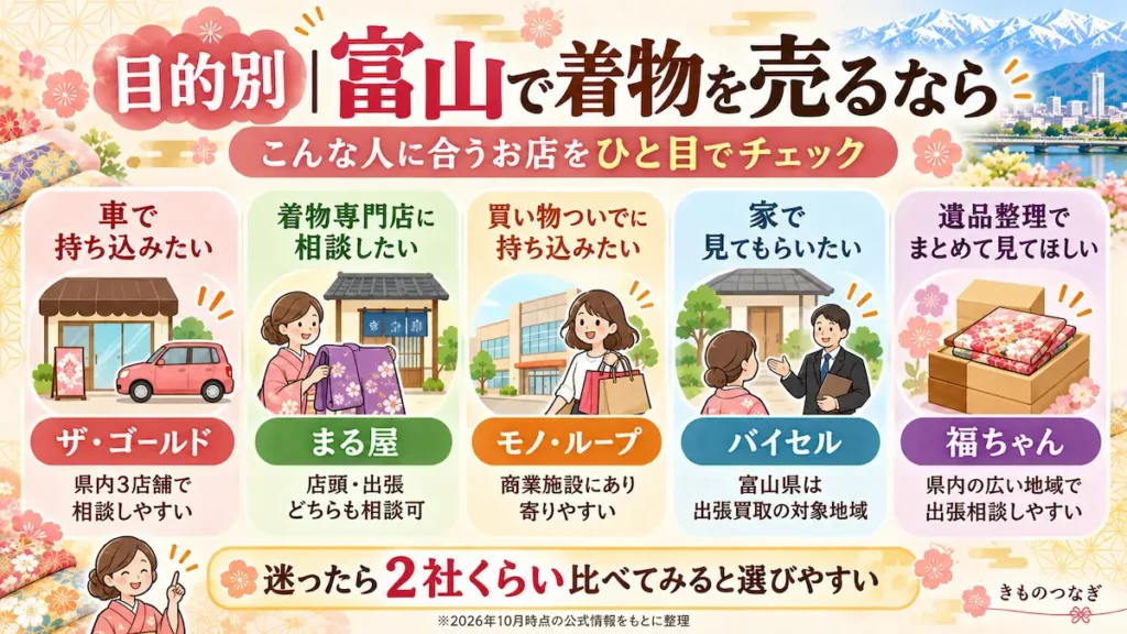 富山で着物を売る目的別の買取店比較。ザ・ゴールド、まる屋、モノ・ループ、バイセル、福ちゃんの特徴