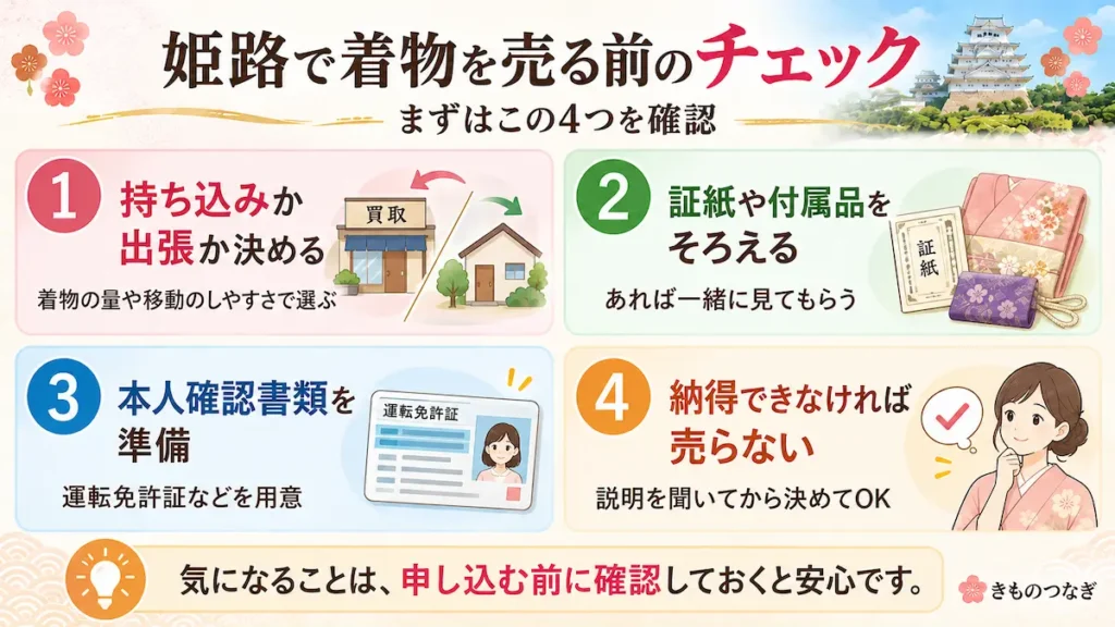 姫路で着物を売る前の4つのチェック。持ち込み・出張の選択、証紙や付属品、本人確認書類、査定額に納得してからの売却