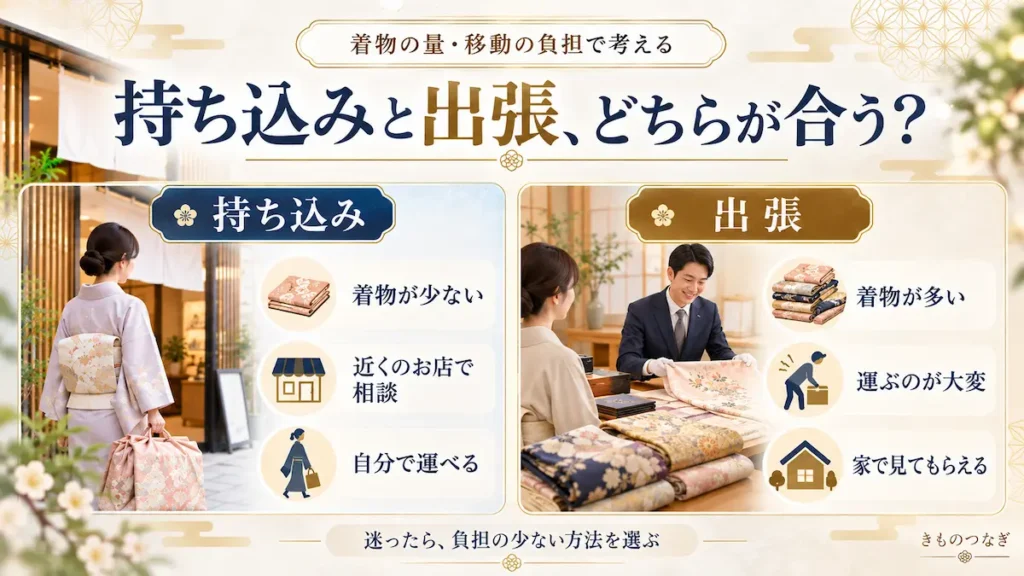 着物の持ち込み買取と出張買取の比較図。着物の量や移動の負担による選び方を紹介