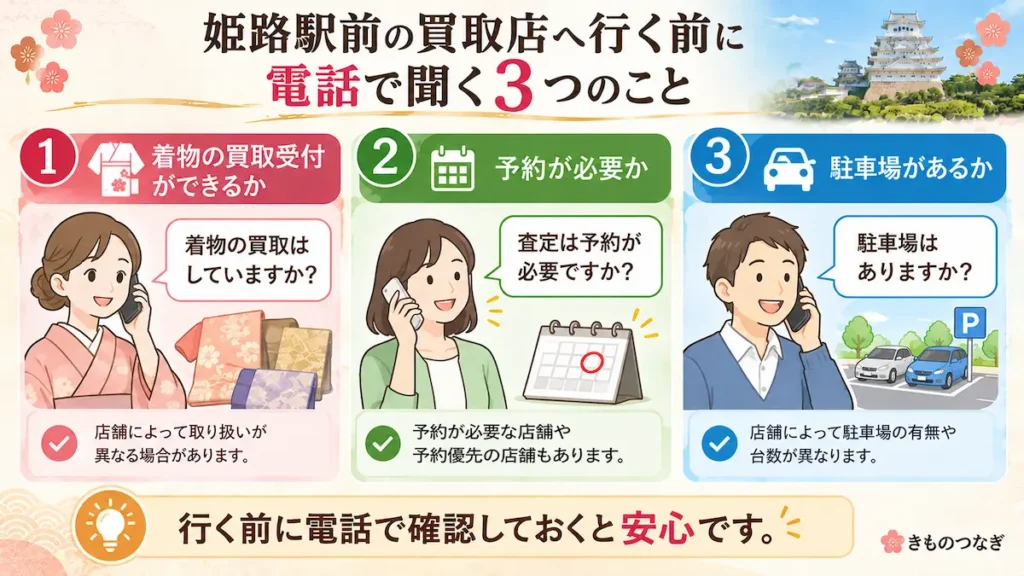 姫路駅前の買取店へ着物を持ち込む前に電話で確認したい3つのこと。着物の買取受付、予約の必要性、駐車場の有無